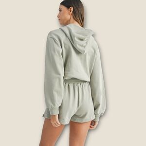 NWT MABLE French Terry Long Sleeve V-Neck Hooded Drawstring Waist Sage Romper M
